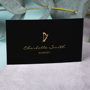 Cartão De Visita Músico profissional Dourado e negro de Harp Elegan