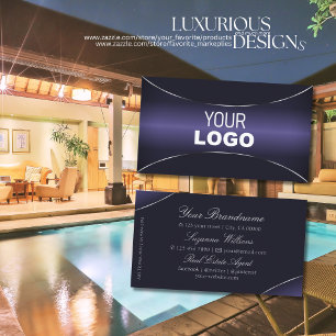 Cartão De Visita Na moda Azul Escuro com Borda e Logotipo de Prata