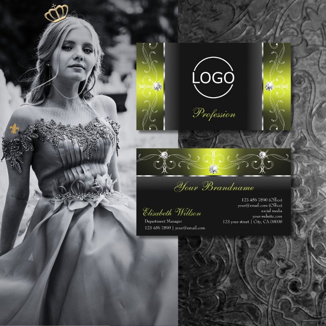 Cartão De Visita Na moda Black e Yellow Squiggels adicionam logotip (Criador carregado)