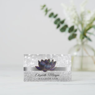 Cartão De Visita Na moda Bokeh Silver, Instrutor Lotus Flower Yoga