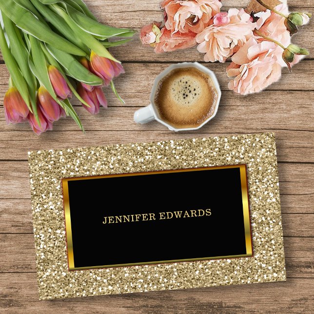 Cartão De Visita Na moda brilhante de ouro Dourado moderno (Modern Gold golden Glitter, black gold frame, stylish professional Business Card.)