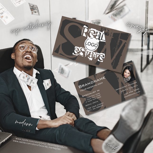 Cartão De Visita Na moda Brown Cinza White com Monograma de Logotip (Criador carregado)