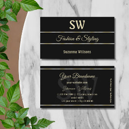 Cartão De Visita Na moda com faixas de Ouro pretas planas com monog