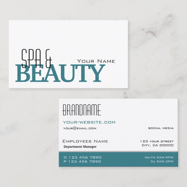 Cartão De Visita Na moda de Teal Branco Clássico Simples e Profissi (Frente/Verso)
