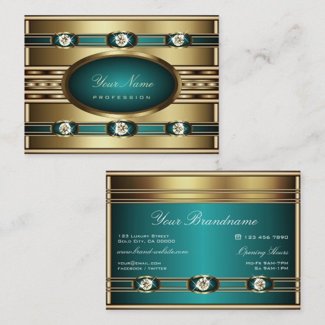 Cartão De Visita Na moda Dourado com gradiente de Teal e Diamantes  (Frente/Verso)