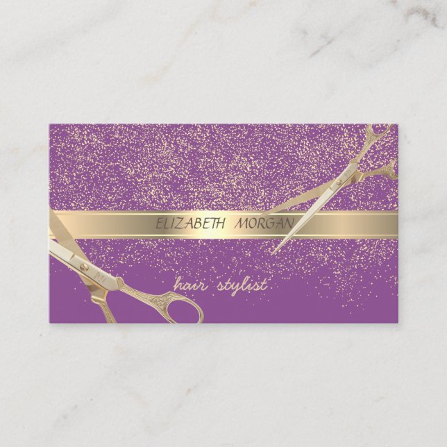 Cartão De Visita Na moda elegante, Violeta, Confetti Dourado, Tesou (Frente)