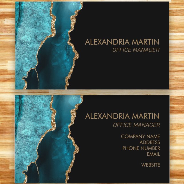 Cartão De Visita Na moda Moderno Brilhante Preto-Teal Dourado (Modern teal, black, and gold marble business card.)