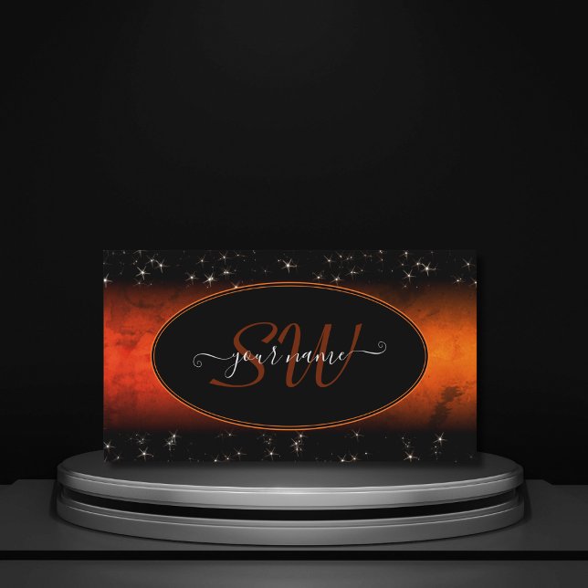 Cartão De Visita Na moda Orange Marble Black Glitter Stars Monogram (Criador carregado)