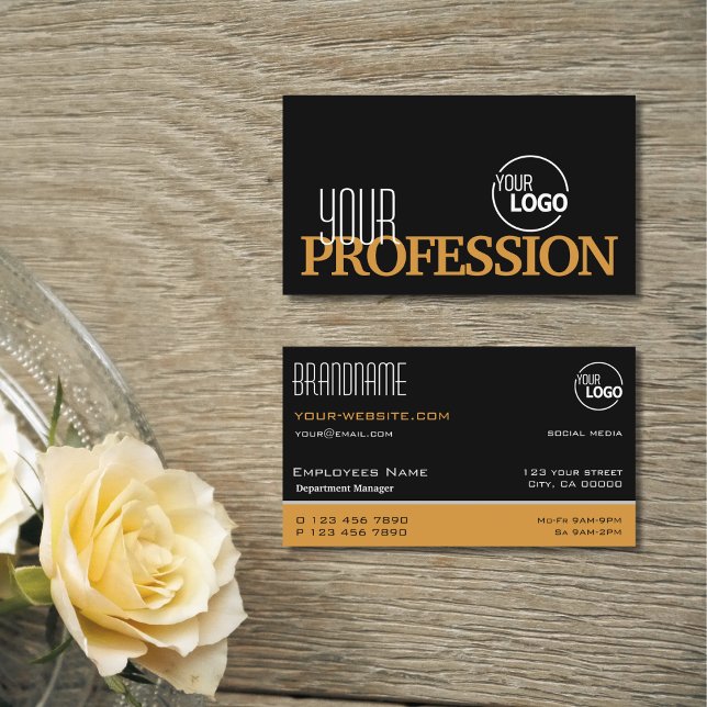 Cartão De Visita Na moda preto e laranja Simples Moderno com Logoti (Criador carregado)