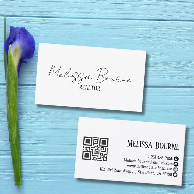 Cartão De Visita Na moda preto moderno, código QR profissional (Criador carregado)