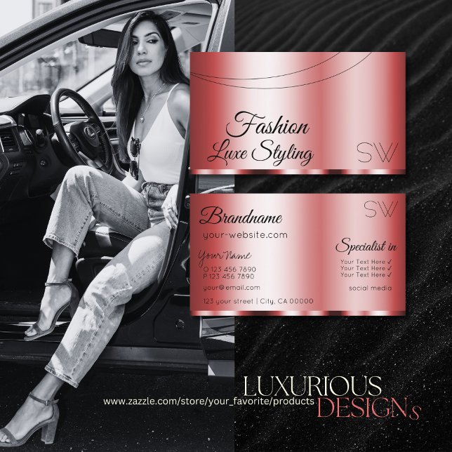 Cartão De Visita Na moda Red Glamorous com Monograma Professional (Criador carregado)