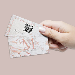 Cartão De Visita Na moda Rosa Gold Foil Marble Monograma Código QR