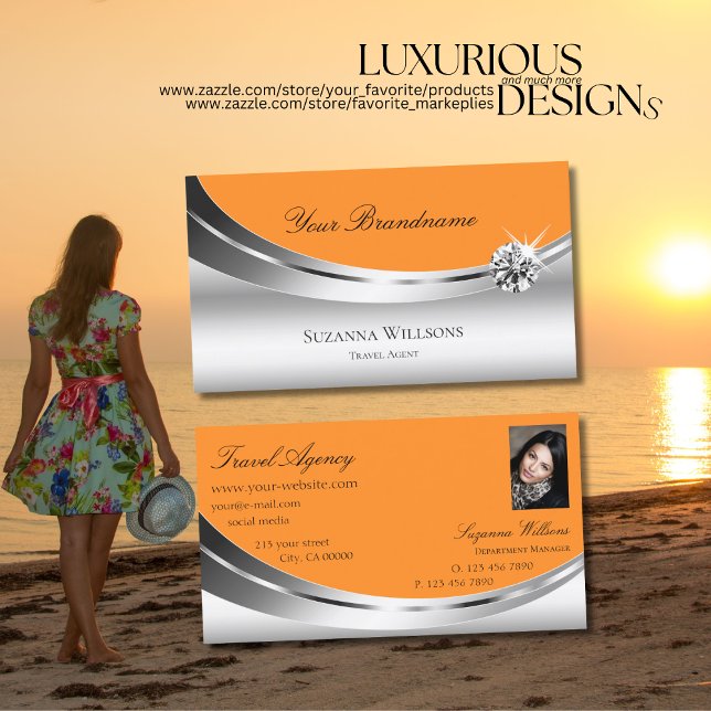 Cartão De Visita Na moda Silver Orange com Photo Sparkle Diamond (Criador carregado)