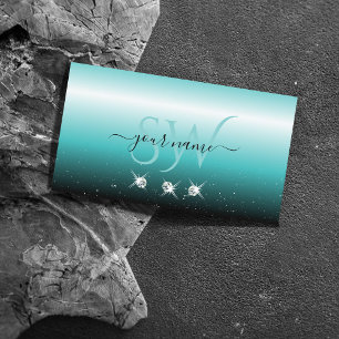 Cartão De Visita Na moda Teal Black Ombre Sparkle Diamantes Iniciai