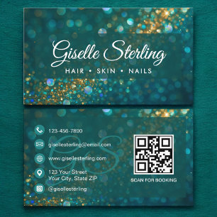 Cartão De Visita Na moda Teal Blue Glitter Dourado Código QR Luxo