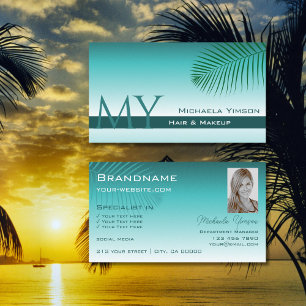 Cartão De Visita Na moda Teal Gradient Palm Leaf Monograma e Foto