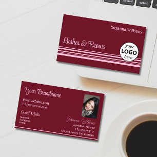 Cartão De Visita Na moda Wine Red Pink Strips com logotipo e foto