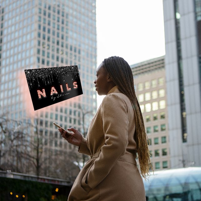 Cartão De Visita Nail Artist Black Drives Professional Glitter Rosa (Nail Artist Black Drips Professional Glitter Rose Business Card)