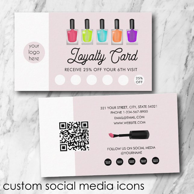 Cartão De Visita Nail Artist Business Logo QR Code Loyalty  (Nail Artist Business Logo QR Code Loyalty Business Card)