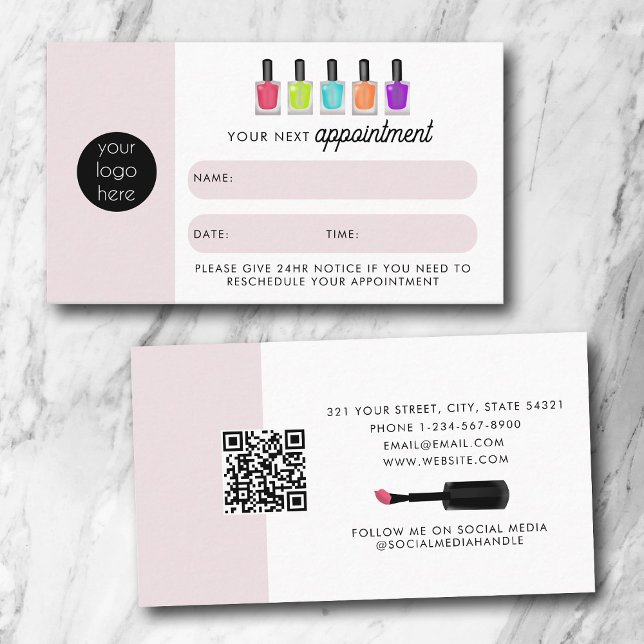 Cartão De Visita Nail Artist Client Appointment Card QR Code Logo (Nail Artist Client Appointment Card QR Code Logo)