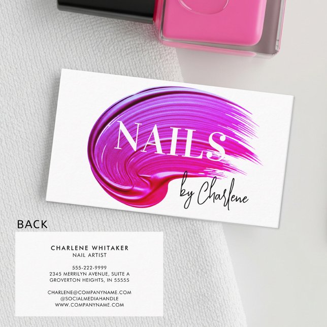 Cartão De Visita Nail Artist Modern Script Typografia Rosa Polonês (Criador carregado)