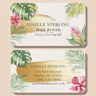 Cartão De Visita Nail Artist Tropical Dourada Brushing Watercolor
