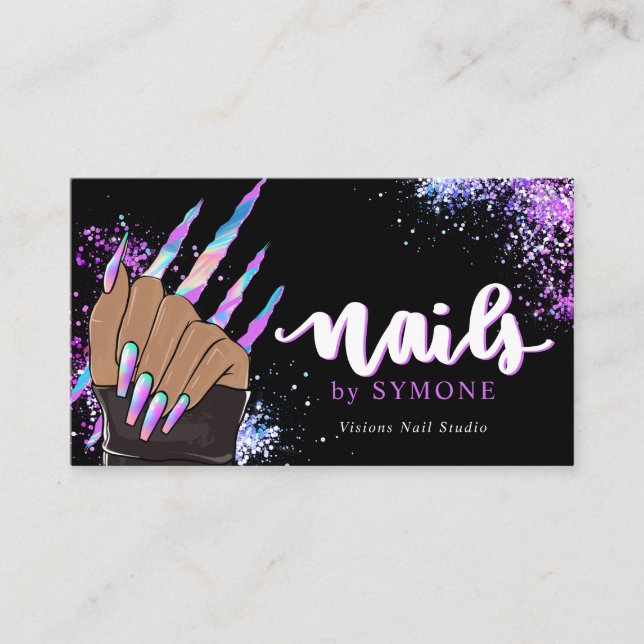 Cartão De Visita Nail Salon Holographic Glitter Nail Tech Beauty (Frente)