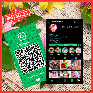Cartão De Visita Nail Salon Instagram Green   Código QR das mídias 