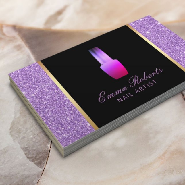 Cartão De Visita Nail Salon Polonês Makeup Artist Roxo Glitter (Criador carregado)