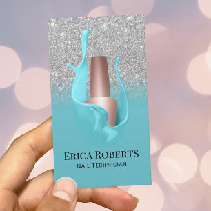 Cartão De Visita Nail Salon Silver & Turquoise Polonês Makeup Arti