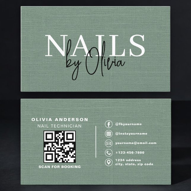 Cartão De Visita Nail Specialist Linen Sage Green QR Code   (Criador carregado)