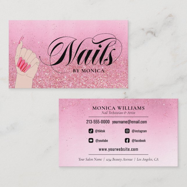 Cartão De Visita Nail Tech Manicurist Rosa Red Glam Glitter Salon (Frente/Verso)