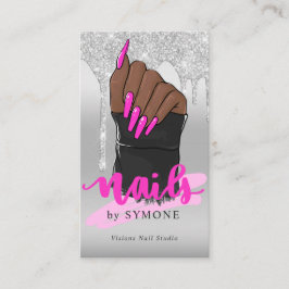 Cartão De Visita Nail Tech Nail Artist Salon Silver Glitter Drip Bu