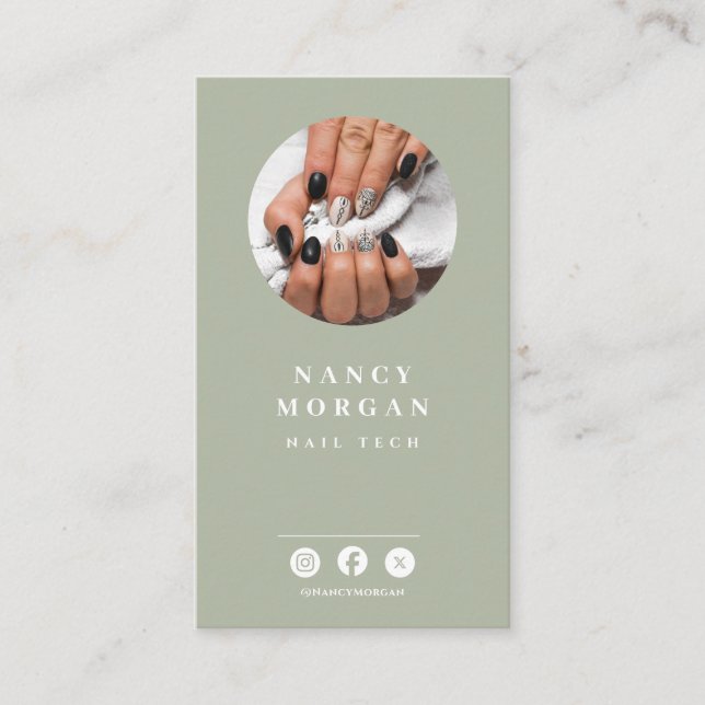 Cartão De Visita Nail Tech Qr Code Photo Sage Green  (Frente)
