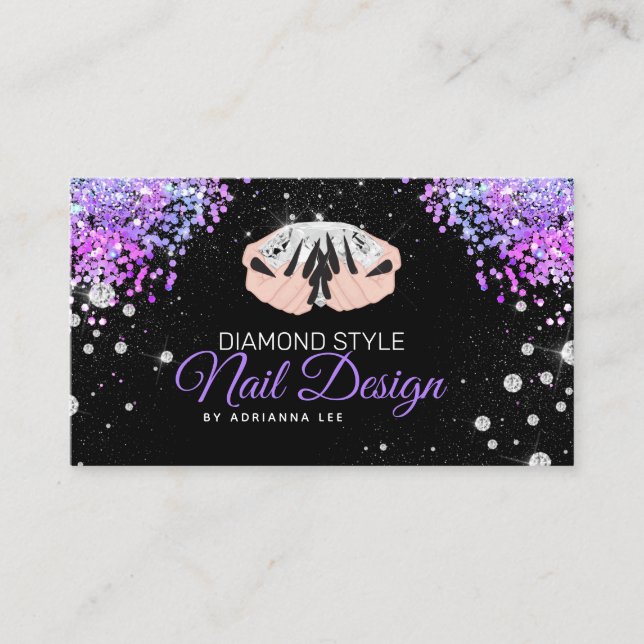 Cartão De Visita Nail Technician Diamond Glitter Purple Nail Salon (Frente)
