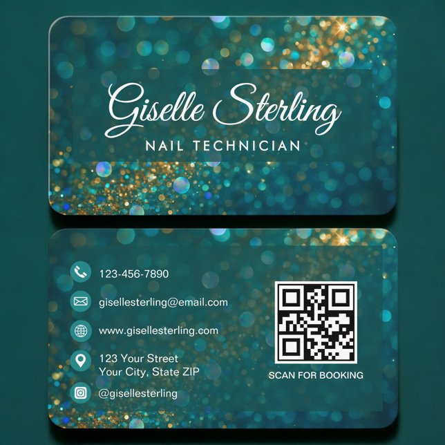 Cartão De Visita Nail Technician Green Gold QR Code Professional (Criador carregado)