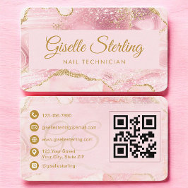 Cartão De Visita Nail Technician Pink Gold Agate QR Code