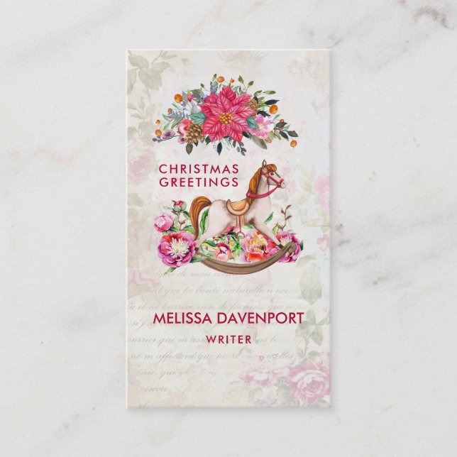 Cartão De Visita Natal Vitoriano do Cavalo Rocking e Poinsettia (Frente)