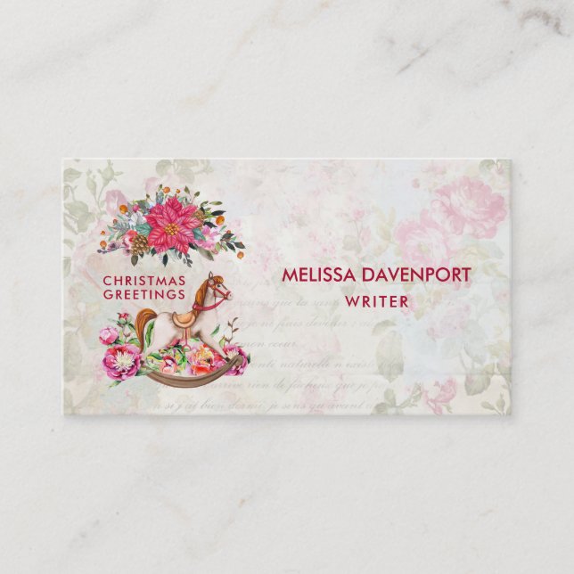 Cartão De Visita Natal Vitoriano do Cavalo Rocking e Poinsettia (Frente)