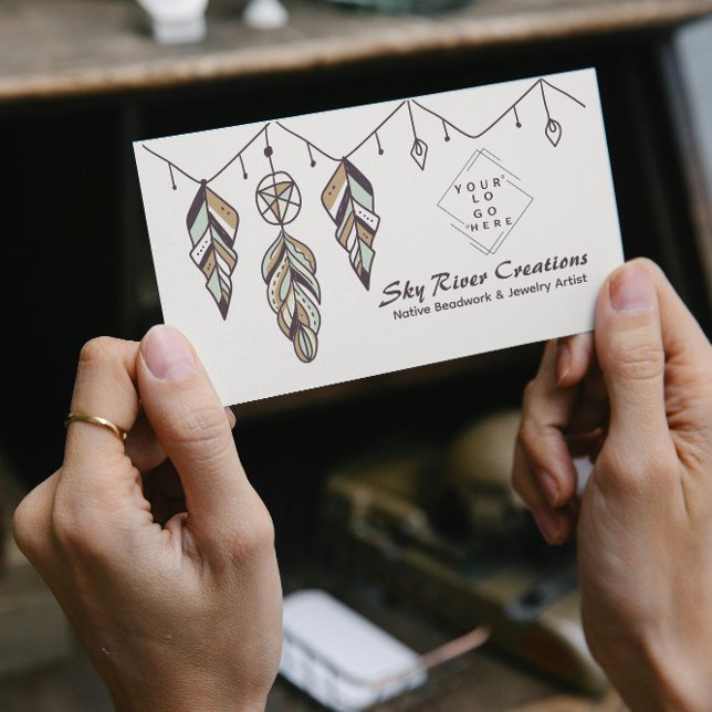 Cartão De Visita Native American Boho Feather Artisans Craftspeople (native american Boho tribal feather and dreamcatcher design, Native-inspired artisan pattern Ethnic )