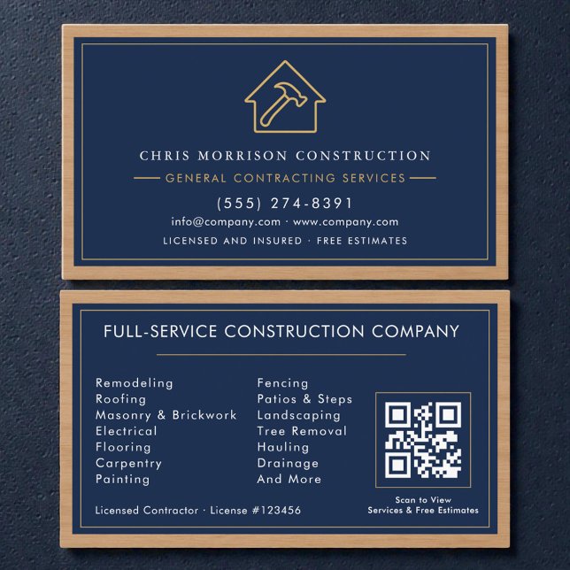 Cartão De Visita Navy Blue General Contractor QR Code Wood  (Criador carregado)