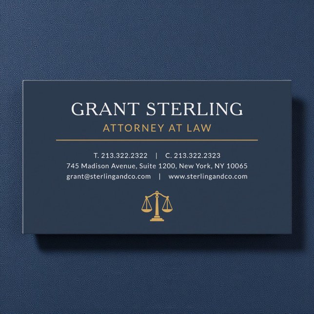 Cartão De Visita Navy Blue Gold Lawyer Attorney at Law Luxury (Criador carregado)