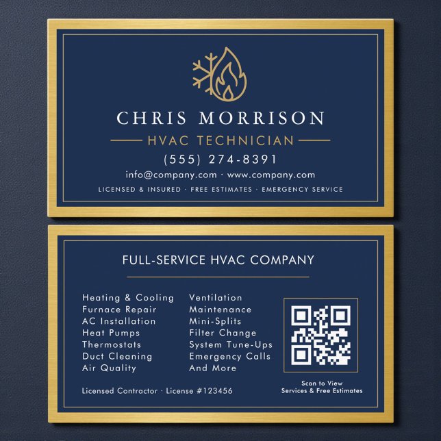 Cartão De Visita Navy Blue HVAC Contractor QR Code Gold Metallic (Criador carregado)