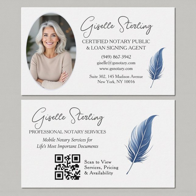 Cartão De Visita Navy Blue Mobile Notary QR Code Modern Photo  (Criador carregado)