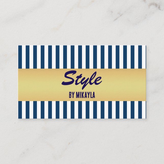Cartão De Visita Navy Blue Stripes Gold Bar Stylist (Frente)