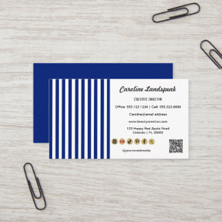 Cartão De Visita Navy Blue White Stripes QR Code, Social Media Icon