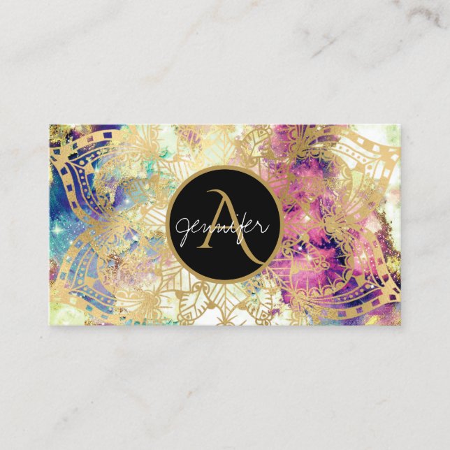Cartão De Visita Nébula de água dourada mandala monograma moderno (Frente)