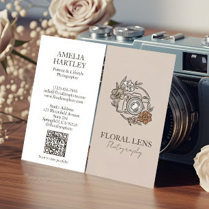 Cartão De Visita Negócios de Fotógrafa com Câmera Floral Vintage Fe