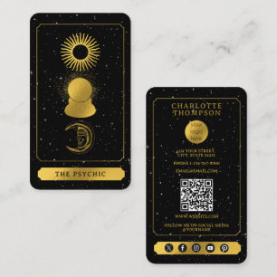 Cartão De Visita Negra Dourada do Leitor de Tarot Celestial