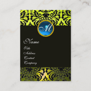 Cartão De Visita NEGRO AMARELO MONOGRAMA DE DAMASK, Sapphire Azul